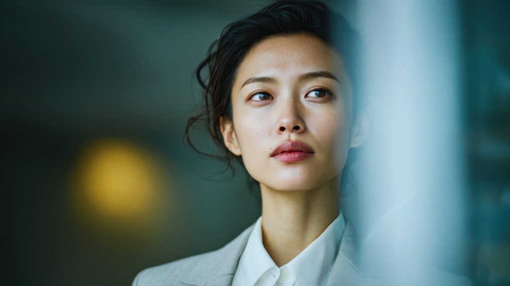 Portrait of Young Asian Businesswoman with Freckles Looking Off Camera in Modern Space Professional Identity and Contemporary Leadership Concept